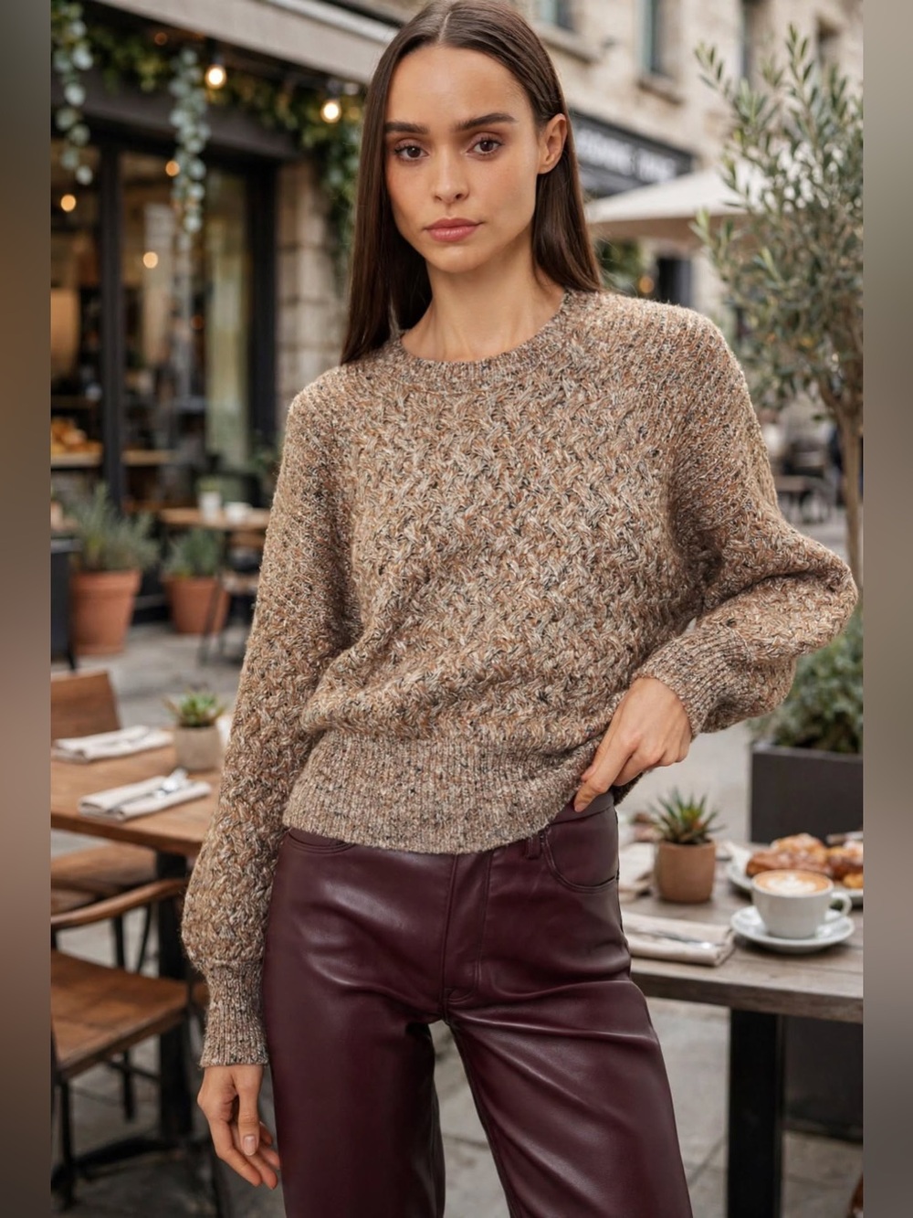 BOSS Forenza Sweater Cozy Cable-Knit Crewneck Sweater in Heathered Brown Sz M